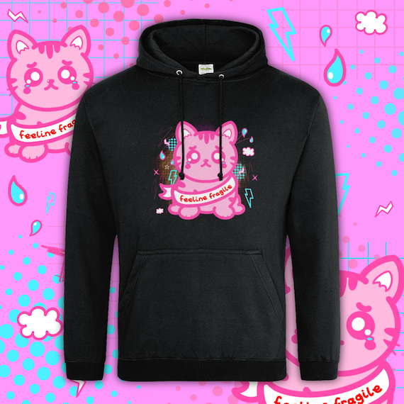 Feeline Fragile Cat Hoodie - Mental Health - Depression - Chronic Pain - Hidden Disability - Comfort Hoodie