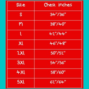 Size chart size guide grid in red, blue and white of the invisible illness club hoodie chest measurements in inches.