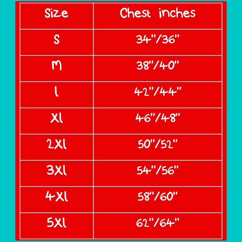 Size chart size guide grid in red, blue and white of the invisible illness club hoodie chest measurements in inches.
