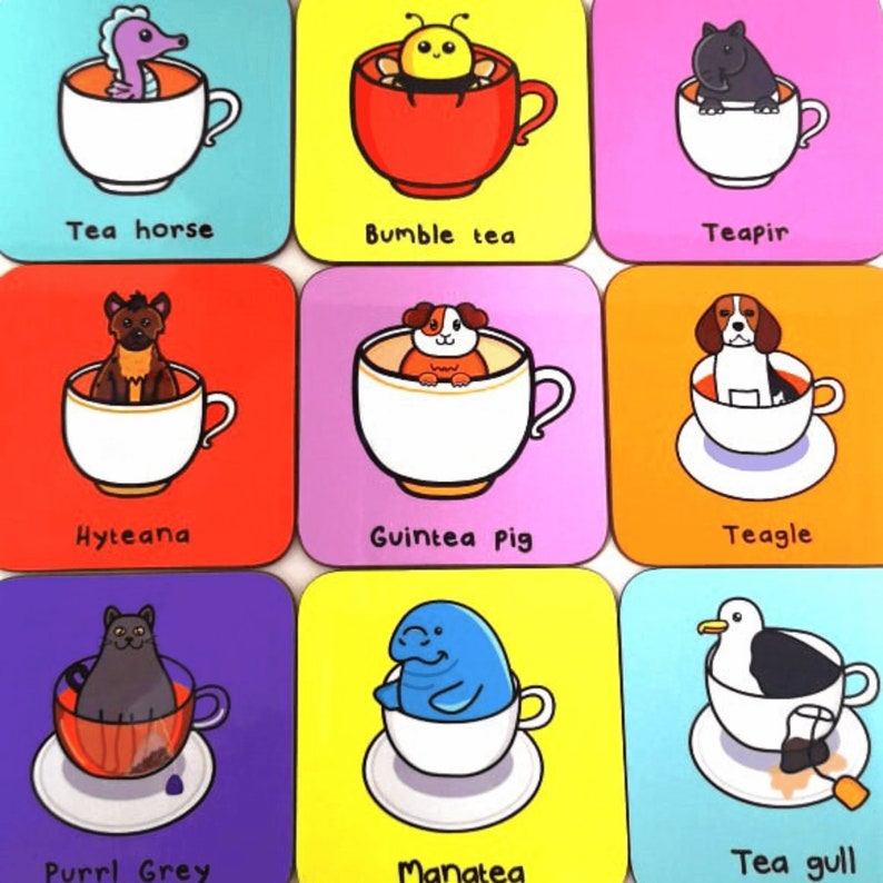 The Bumble Bee Tea Coaster amongst other innabox tea pun coasters. The yellow wooden coaster features a cute bumble bee popping out a red cup of tea with black text underneath reading bumble tea, on the right is the wooden underside of the coaster.