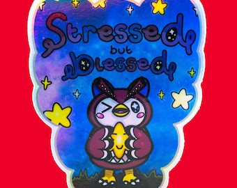 Stressed But Blessed Celeste Holographic Vinyl Sticker - Innabox - Gaming Sticker - Cosy Gaming - Anxiety Sticker - Mental Health