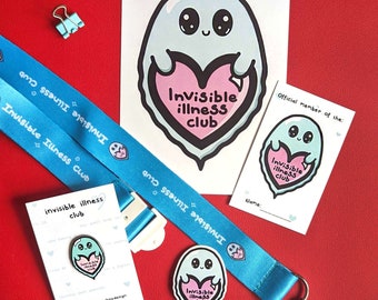 Paquete de regalo del Club de la Enfermedad Invisible: Cordón, pin, pegatina y tarjeta
