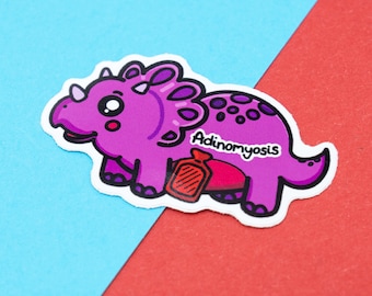 Könnte beinhalten: Lilafarbener Cartoon-Triceratops mit einer roten Wärmflasche und dem Text "Adenomyose" an der Seite.