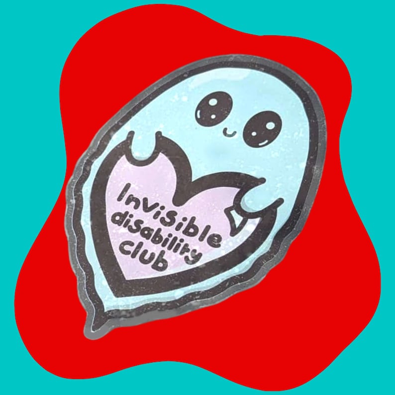 Invisible Disability Club Ghost Window Cling on a red & blue background. Pastel blue smiling Ghost window sticker holding a pink heart with text reading invisible disability club. Raising awareness for hidden disabilities and invisible illnesses.