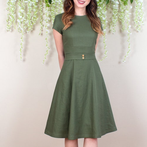 Green Linen Dress, Linen Summer Dress, Fit and Flare Dress, Swing Dress, Work Dress, Belted Dress, Olive Green Dress, Linen Work Dress