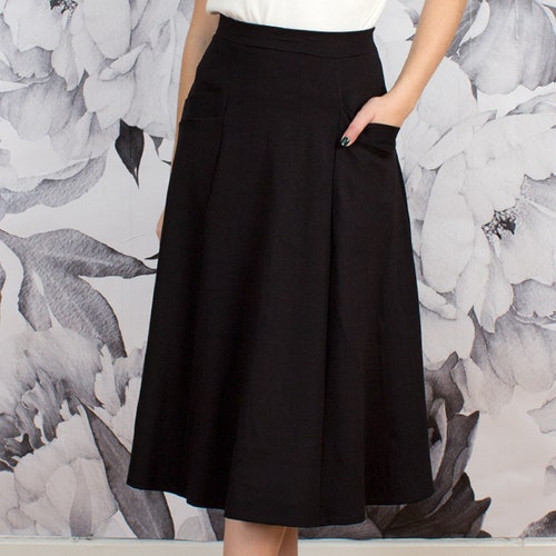 Black Midi Skirt With Pockets High-waisted Flared Skirt - Etsy