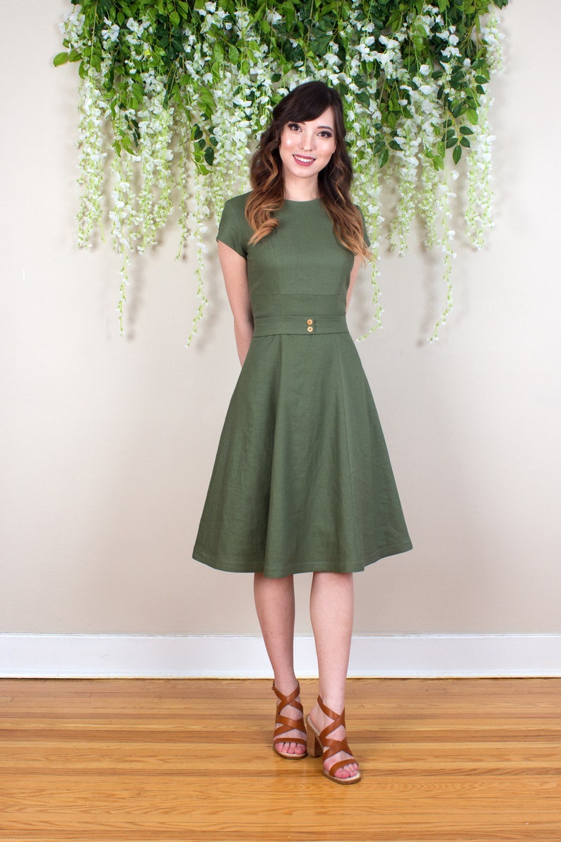 Green Linen Dress Linen Summer Dress Fit and Flare Dress | Etsy