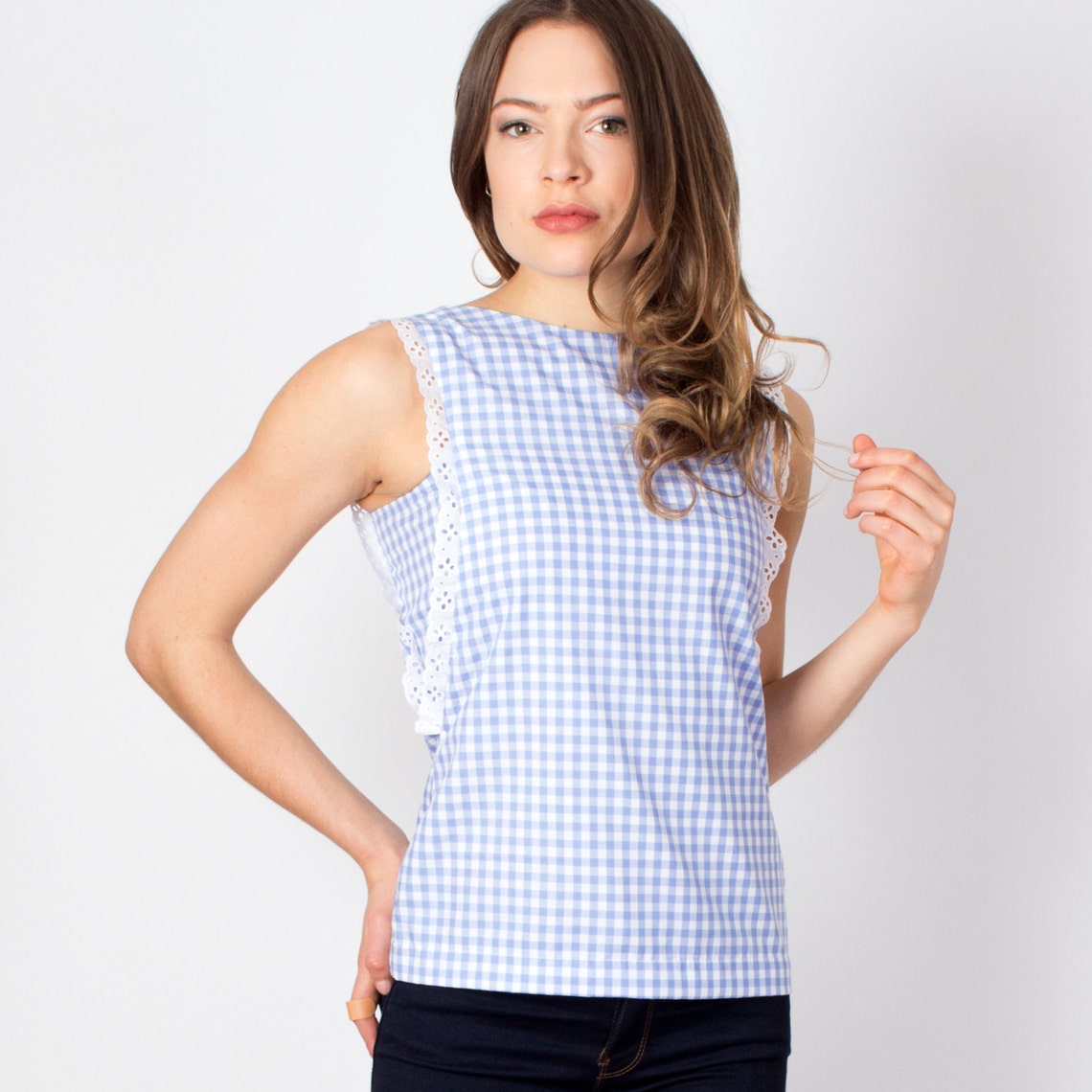 Blue Gingham Blouse Light Blue Gingham Shirt Blue Plaid Top Etsy