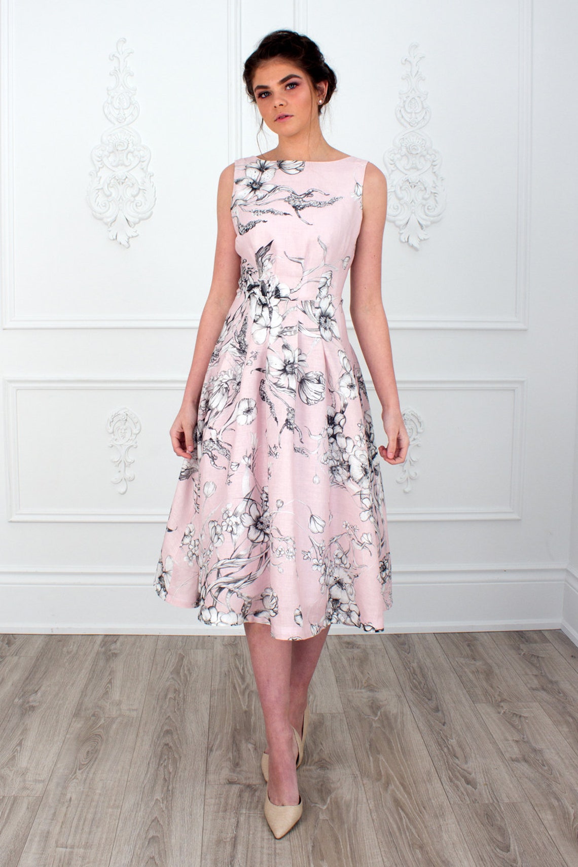 Thea Linen Midi Dress Tea Dress Tea Length Pleated Dress Etsy