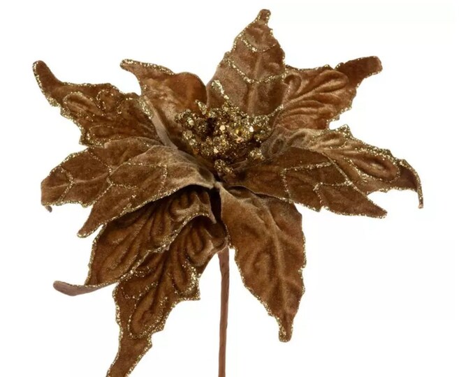 Gold Velvet Poinsettia Christmas Flower Pick Stem Set of 3 Etsy