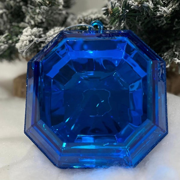 6 Inch, Square Sapphire Blue Emerald Cut Ornament, Gem Ornament, Jewel Ornament, Wreath Attachment, Christmas Decor, Tree Ornament