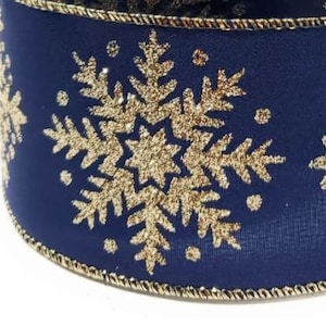 Navy Blue with Gold Glitter Snowflakes Wired Christmas Ribbon 2.5&quot; Wide Fabric  Holiday Trim - 30 Feet