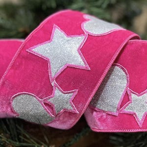 4 inch Hot Pink Velvet with Hearts and Stars Wired Edge Ribbon Holiday Crafts
