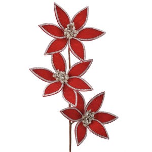 24&quot; Red Velvet Rhinestone Jewel Poinsettia Triple Red Velvet Jeweled Poinsettia Stem, Christmas Decor, Tree Decoration, Wreath, Regency