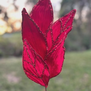 Red Glitter Veined Leaf Spray Pick Stem Christmas Wreath Accent Craft Supplies