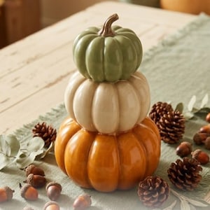 May include: A stacked ceramic pumpkin decoration in shades of green, cream, and orange. The pumpkins are arranged in a tower, with a green pumpkin on top, a cream-colored one in the middle, and an orange one at the base. Pinecones and acorns surround the pumpkins.