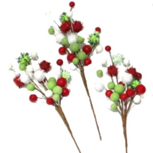 Pom Pom Berry Red and Green Picks Wreath Attachments Vase Decorations Set of 3