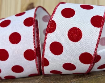 2.5 inch White with Red Velvet Polka Dots Christmas Ribbon 10 Yards