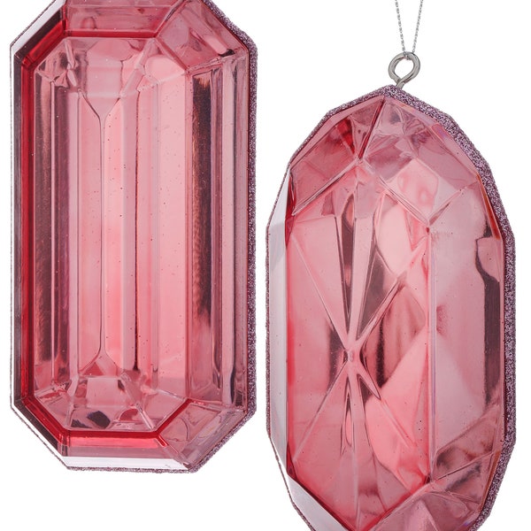 Set of 2, Pink - Emerald Cut Ornaments, 5 Inch, Oblong and Rectangle Shape, Gem Ornaments, Jewel, Wreath Attachment, Tree decor