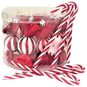 12 Red & White Striped Candy Ornaments and 6 candy canes and 6 candy ornaments