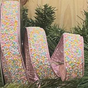 Pink with Sprinkles Wired Edge 1" Christmas Ribbon for Tree Trimming 10 Yards