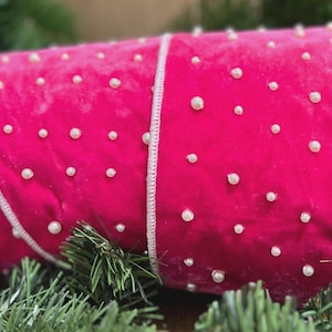 Hot Pink Velvet with Pearls Wired Christmas or Valentine's Day Trim A Tree Ribbon 4 Inch