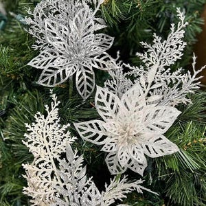 White and Silver Glitter Plastic Flower Christmas Tree Trimming Ornament 3 Stems