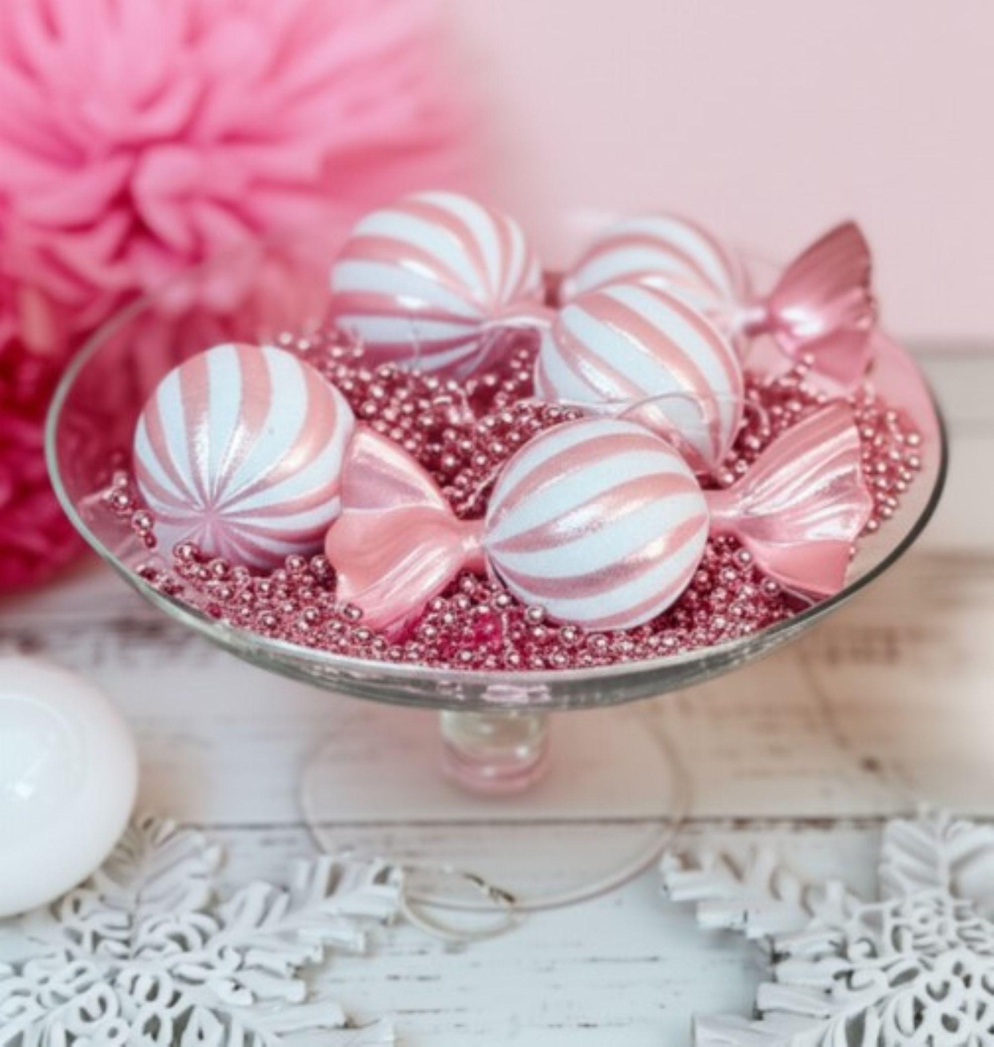 2 Large Pink & White Christmas Candy Ornament, 6.3" Party Decoration
