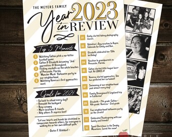May include: A gold and black printable year in review poster with a striped background. The poster features a list of top 5 moments and goals for the year 2024. The poster also includes a list of events that occurred in 2023.