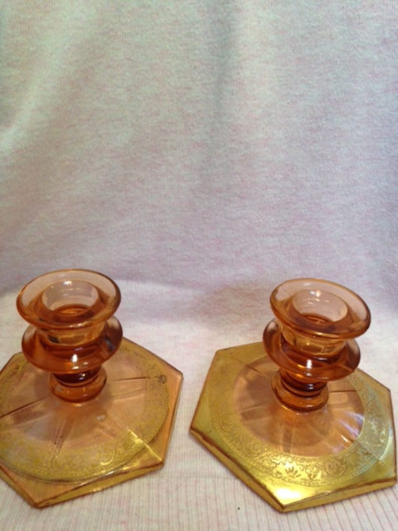 Pink depression glass candle holders with gold embellishment Etsy