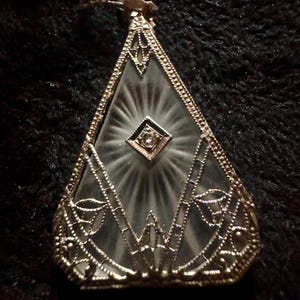 Antique Art Deco 14K White Gold Camphor Glass Pendant | Diamond Accent Frosted Filigree Necklace | 1920s Camphor Glass Jewelry.