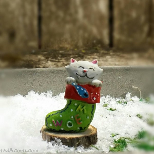 Christmas Stocking Cat - Winter Fairy Garden Gift Miniature Kitten Garden Accessory, Holiday Terrarium Accessories, Fairy Garden Supply