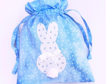 Drawstring Fabric Gift Bag - Blue Bunny