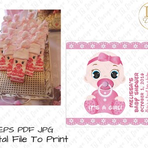 Op de afbeelding: Roze en witte baby shower-favourboxen met een roze en wit babymeisjesontwerp. De dozen hebben een roze lint en een witte strik. De tekst op de dozen luidt "It's a Girl!" en "Melissa's Baby Shower 1 oktober 2016".