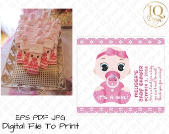 BABY SHOWER Favor • It&#39;s a Girl!! Large Chocolate Wrapper- Digital File eps/ pdf / jpeg to print (EDITABLE Name and Date) Font Included