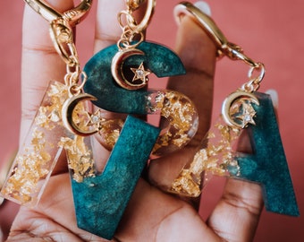 Teal & Gold Resin Moon Keychain | Initial Letter Keychain