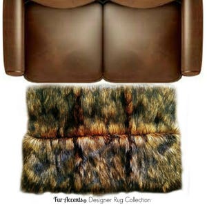 May include: A brown faux fur rug with a black and brown pattern. The rug is made of soft, plush fur and has a luxurious feel. The rug is perfect for adding a touch of warmth and style to any room.