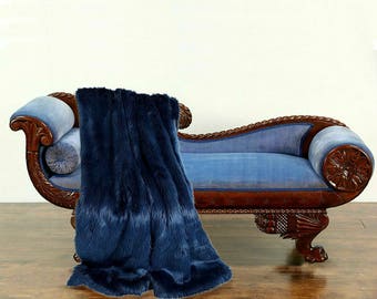 Plush Faux Fur Throw Blanket - Bedspread - Luxury Fur Deep Royal Blue- Fur Minky Cuddle Fur Lining - Fur Accents - USA
