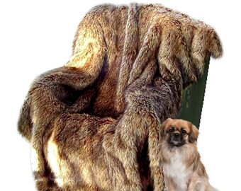 Luxury Faux Fur Throw Blanket - Golden Brown Wolf, Minky Lining