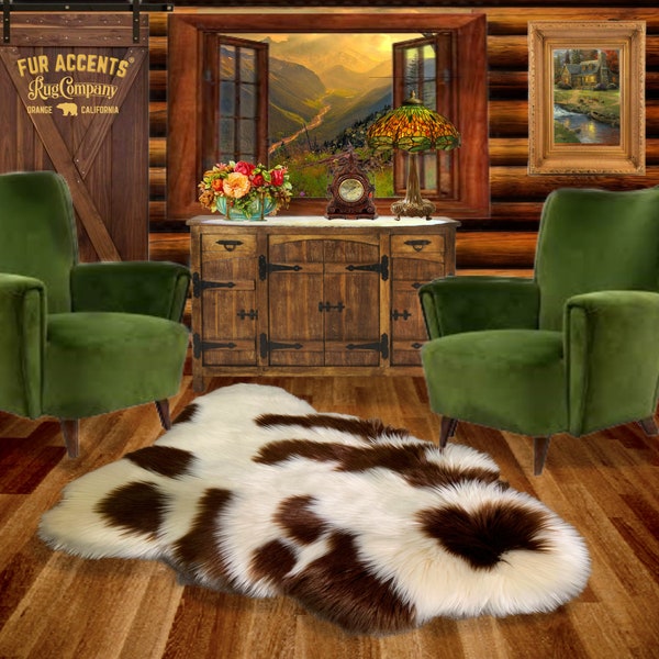 Plush Sheepskin Area Rug - Luxurious -Icelandic Sheep Thick Shaggy Faux Fur  Pelt - Brown Spotted, 4 Colors - Pet Bed Fur Accents USA