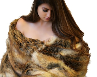 Plush  Faux Fur Throw Blanket, Soft, Reddish Brown Fox, Luxury Fur, Beautiful , Softest Minky Cuddle Fur Lining, Hand Made,y Fur Accents USA