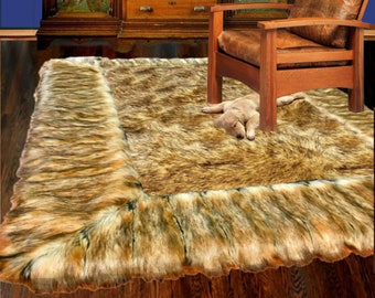 Handmade Plush Faux Wolf Fur Rug, Ribbed Fox Border, USA