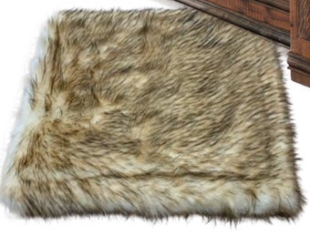 Faux Fur Throw Rug, Brown Wolf Fur, Ultra Suede Lining