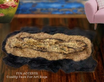 Golden Brown Faux Fur Throw Rug, Coyote Wolf Design, Fur Accents USA