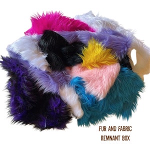 May include: A pile of colorful faux fur fabric remnants in various shades, including pink, purple, black, white, yellow, and teal. The image includes the text "FUR AND FABRIC REMNANT BOX". These fabric scraps are suitable for craft projects.
