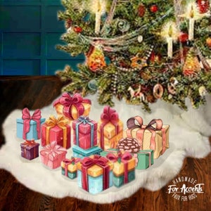 May include: A festive Christmas scene featuring a tree skirt and a collection of wrapped gifts in various colours. The gifts are decorated with ribbons and bows, creating a festive holiday scene.