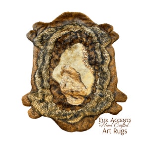 May include: A brown, black, and beige faux fur rug with a unique patchwork design. The rug is hand-crafted and features the text "Fur Accents Hand Crafted Art Rugs".