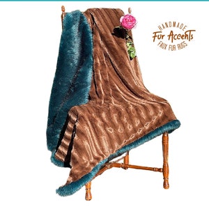 Soft Plush Faux Fur, Designer Throw Blanket, Soft Brown Minky Lining, Teal, Emerald Green Luxury Fur. Limited, Hand Made by Fur Accents USA
