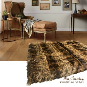 Plush Faux Fur Pieced Luxury Fur Strip Rug  - Golden Brown Wolf - Ultra Suede Non Slip Lining - Rectangle - Art Rugs by Fur Accents - USA
