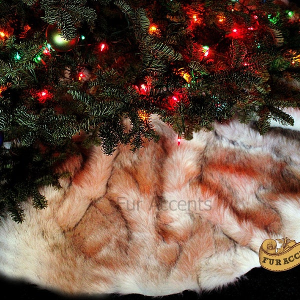 Classic Faux Fur Christmas Tree Skirt - Shaggy Shag Faux  Sheepskin Round  - Creamy Off White with Black or Brown Tips by Fur Accents - USA